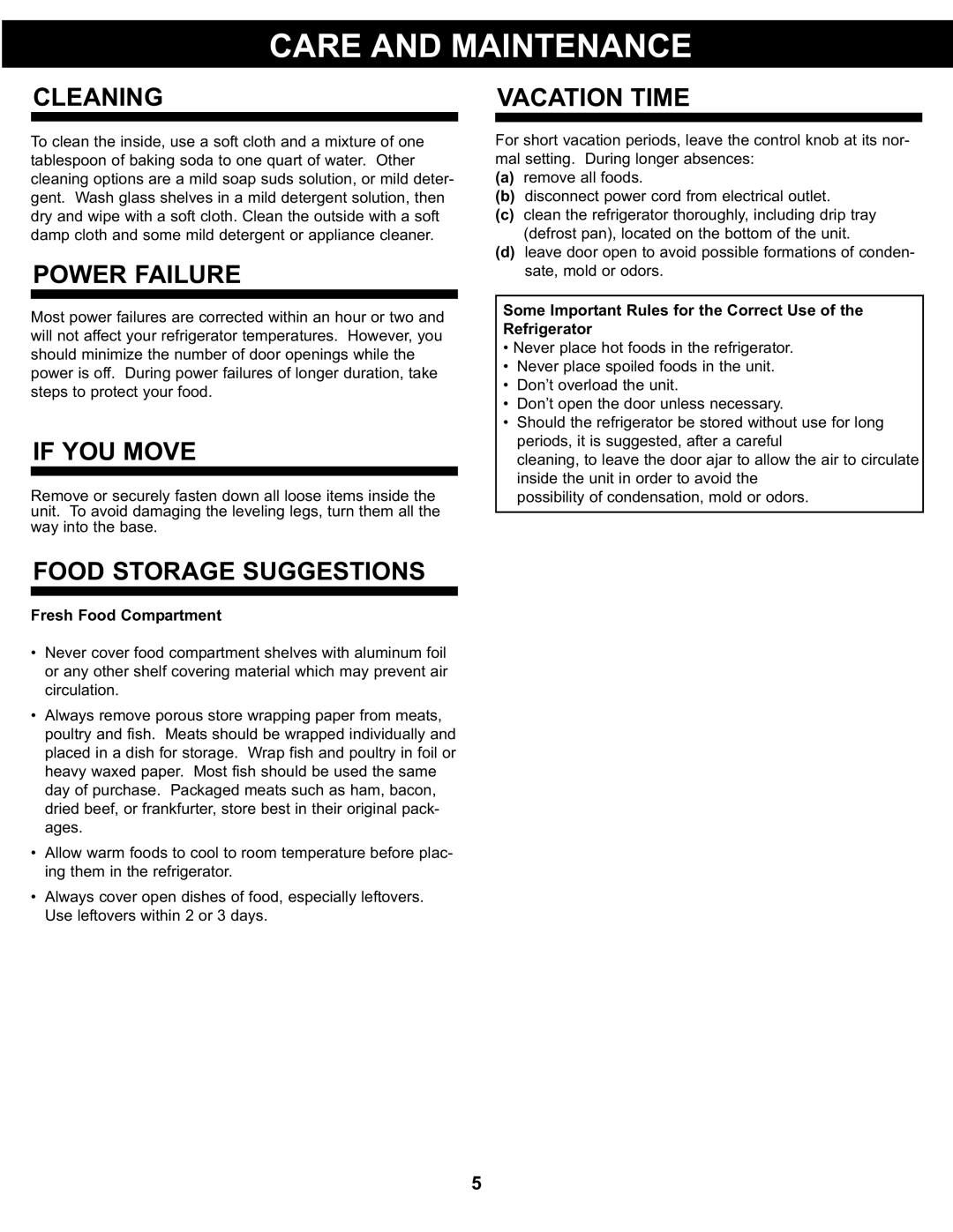 Danby DCR044A2BDD manual Cleaning, Power Failure, If YOU MOVE, Food Storage Suggestions, Vacation Time 